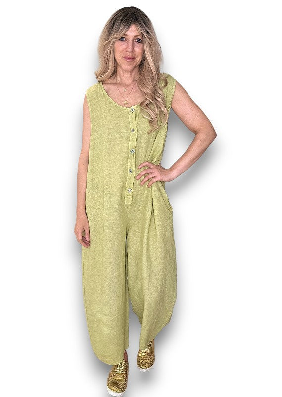 Antique Lime Pearl Front Buttons Jumpsuit