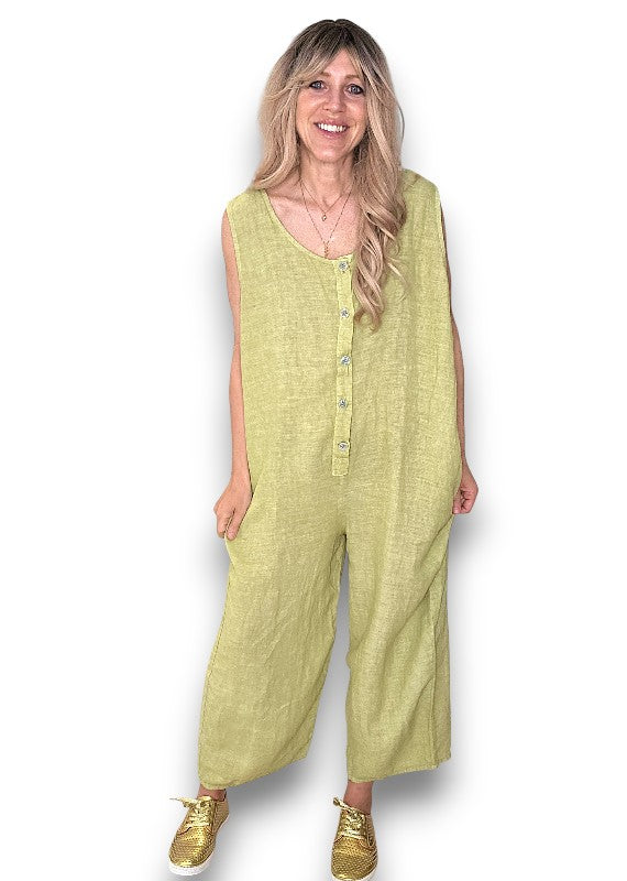Antique Lime Pearl Front Buttons Jumpsuit