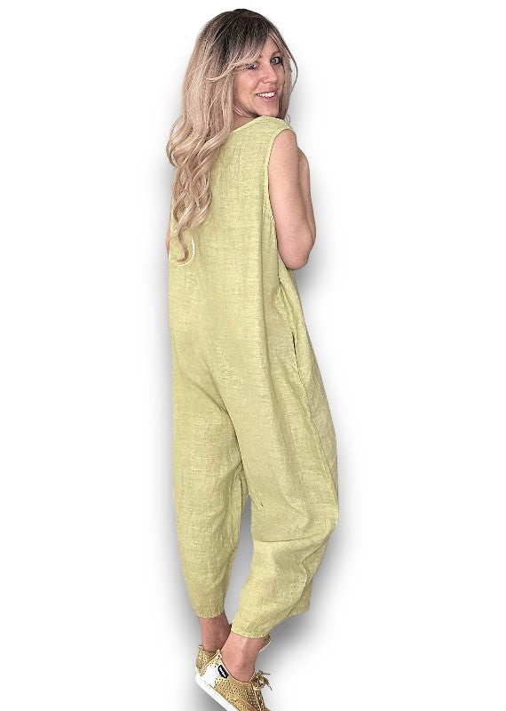 Antique Lime Pearl Front Buttons Jumpsuit