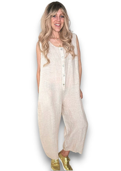 Beige Pearl Front Buttons Jumpsuit