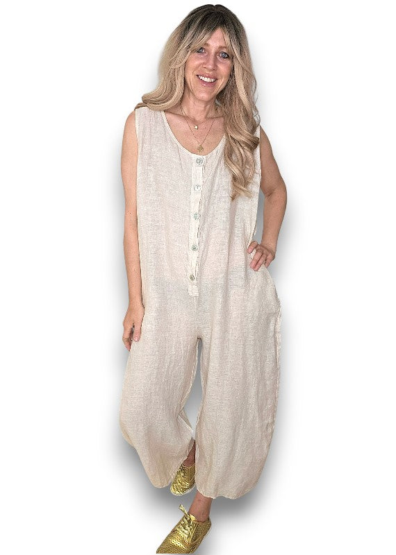 Beige Pearl Front Buttons Jumpsuit