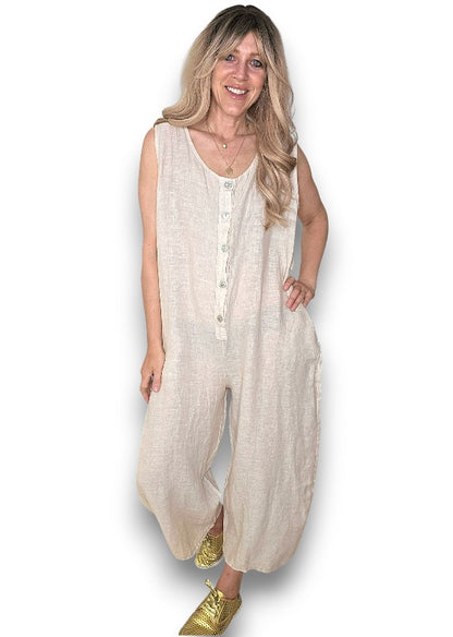 Beige Pearl Front Buttons Jumpsuit