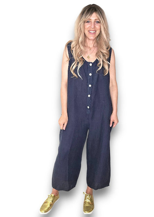 Navy Pearl Front Buttons Jumpsuit