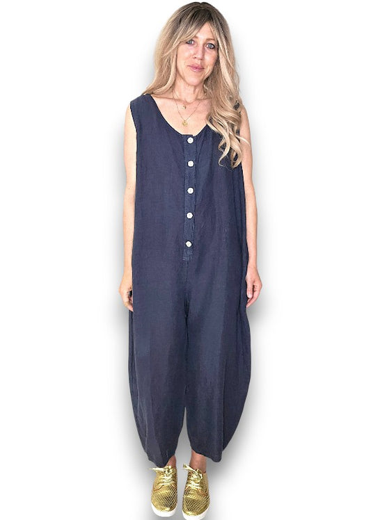 Navy Pearl Front Buttons Jumpsuit