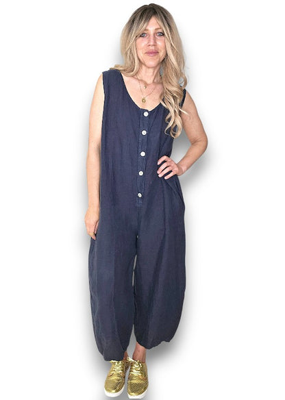 Navy Pearl Front Buttons Jumpsuit