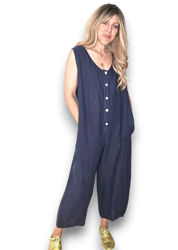 Navy Pearl Front Buttons Jumpsuit
