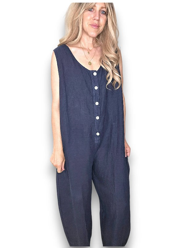 Navy Pearl Front Buttons Jumpsuit
