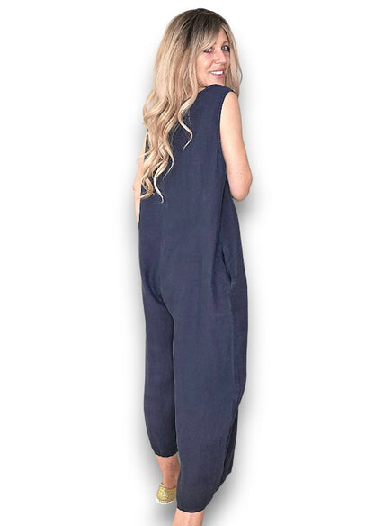 Navy Pearl Front Buttons Jumpsuit