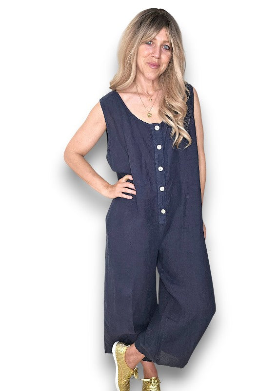 Navy Pearl Front Buttons Jumpsuit
