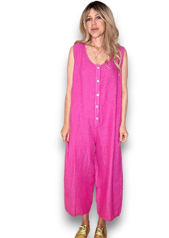 Hot Pink Pearl Front Buttons Jumpsuit