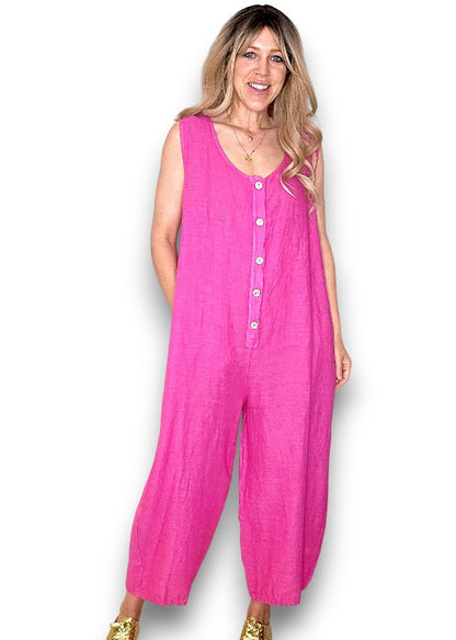 Hot Pink Pearl Front Buttons Jumpsuit