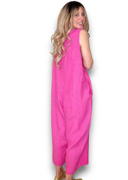 Hot Pink Pearl Front Buttons Jumpsuit