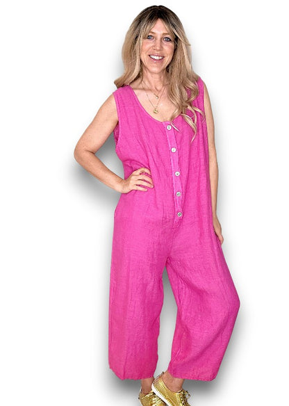 Hot Pink Pearl Front Buttons Jumpsuit