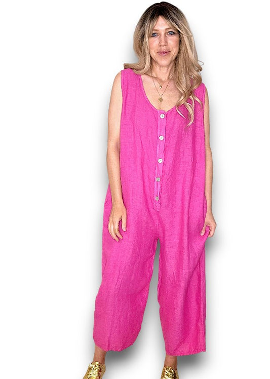 Hot Pink Pearl Front Buttons Jumpsuit