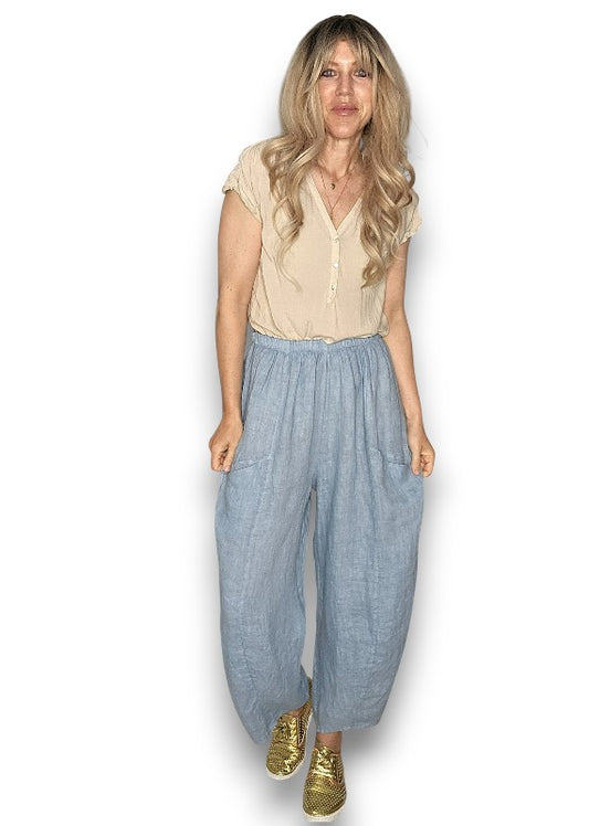 Faded Petrol Barrel Linen Pants