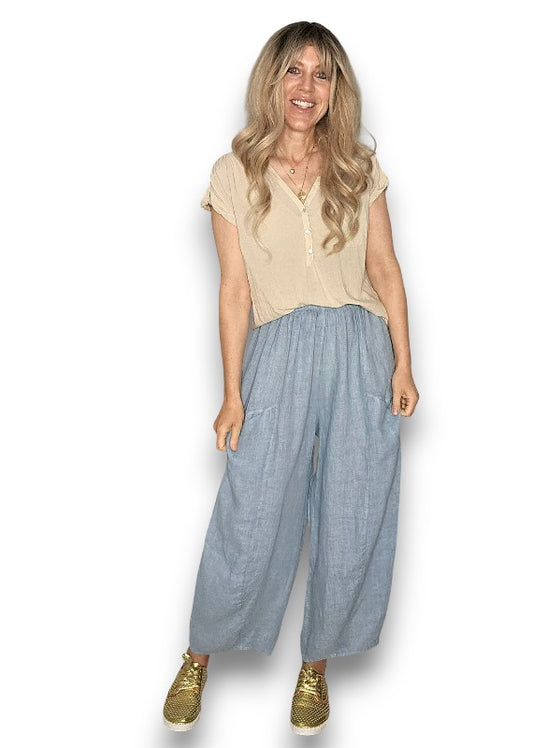 Faded Petrol Barrel Linen Pants