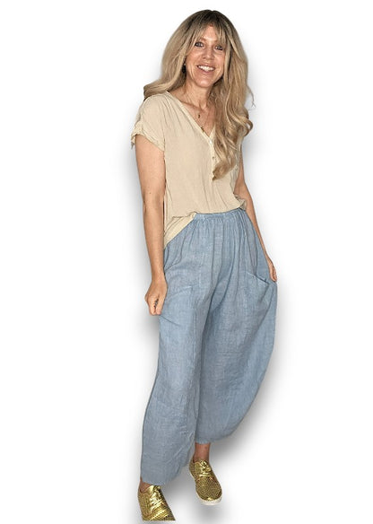 Faded Petrol Barrel Linen Pants