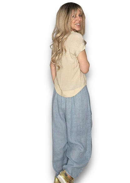 Faded Petrol Barrel Linen Pants