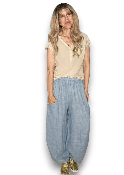 Faded Petrol Barrel Linen Pants