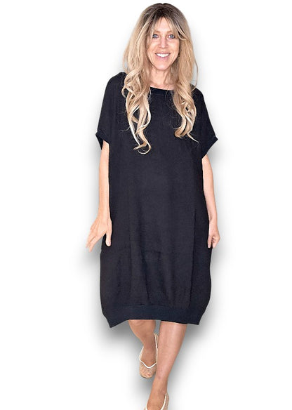 Black Plain Elastic Hem Dress