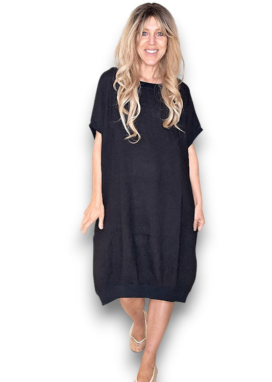Black Plain Elastic Hem Dress
