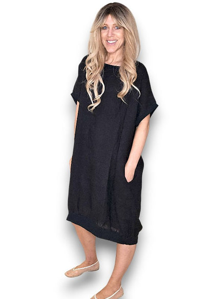 Black Plain Elastic Hem Dress