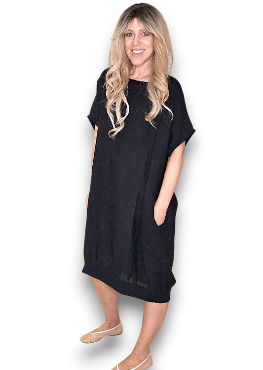 Black Plain Elastic Hem Dress