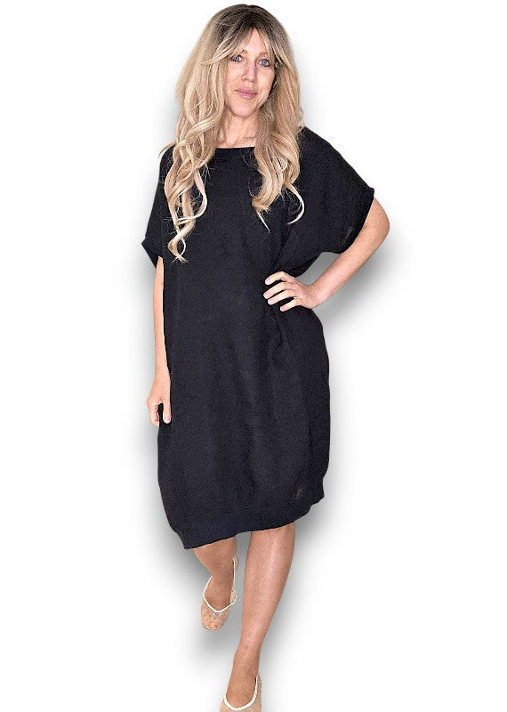 Black Plain Elastic Hem Dress