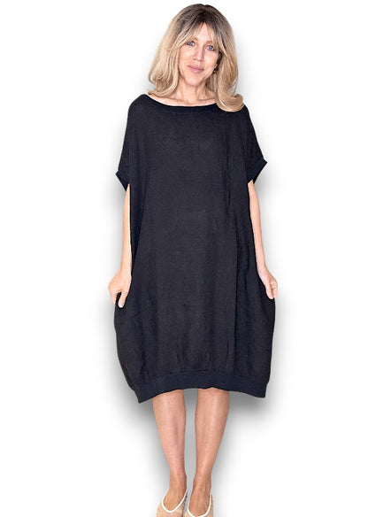 Black Plain Elastic Hem Dress