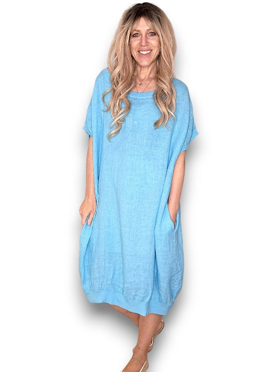 Turquoise Plain Elastic Hem Dress