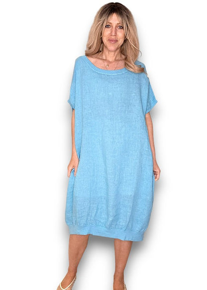 Turquoise Plain Elastic Hem Dress