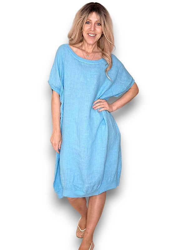 Turquoise Plain Elastic Hem Dress