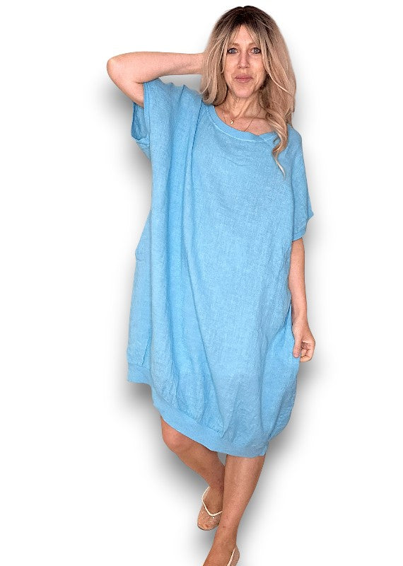 Turquoise Plain Elastic Hem Dress