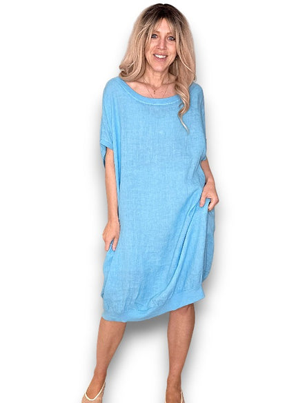 Turquoise Plain Elastic Hem Dress