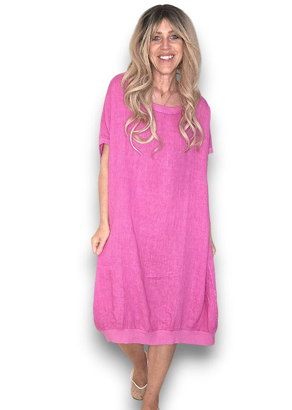 Hot Pink Plain Elastic Hem Dress