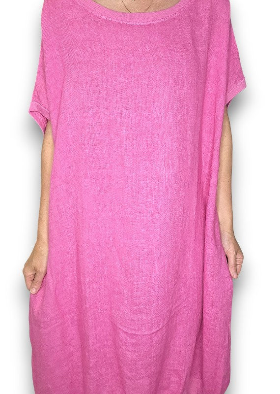 Hot Pink Plain Elastic Hem Dress