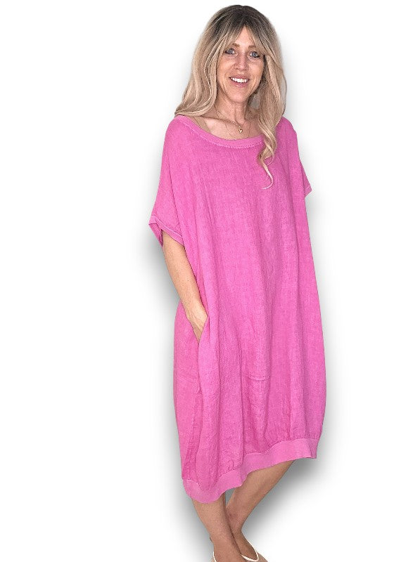Hot Pink Plain Elastic Hem Dress