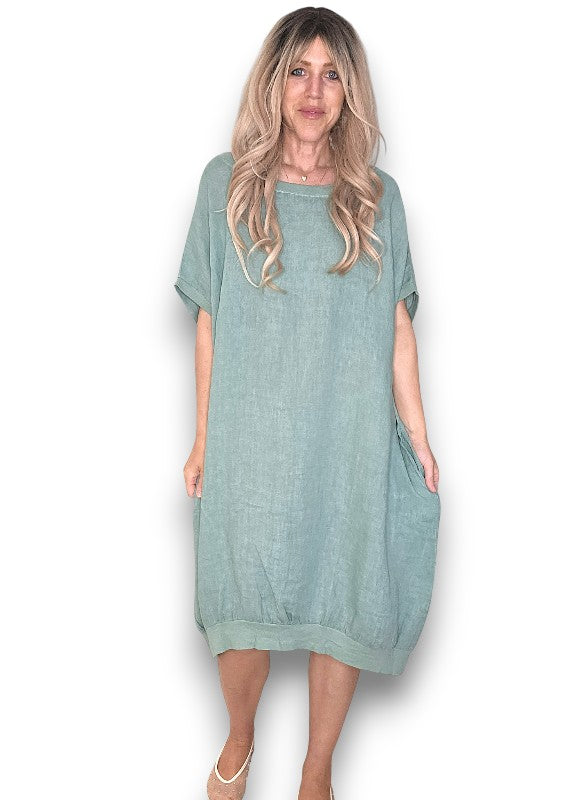 Sage Plain Elastic Hem Dress