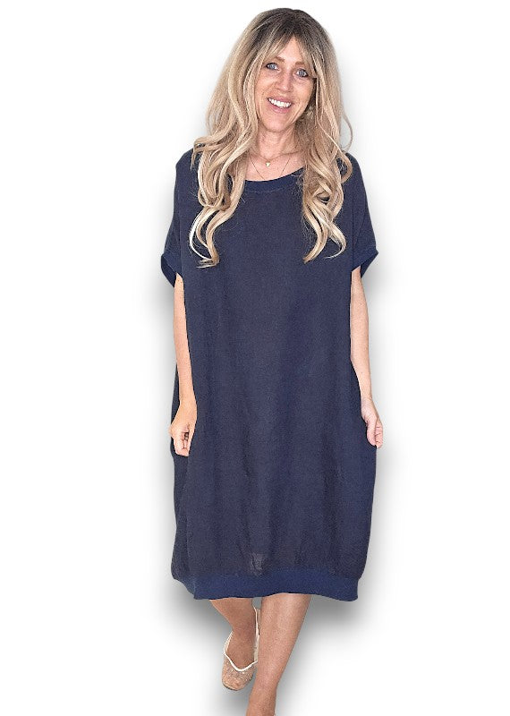 Navy Plain Elastic Hem Dress