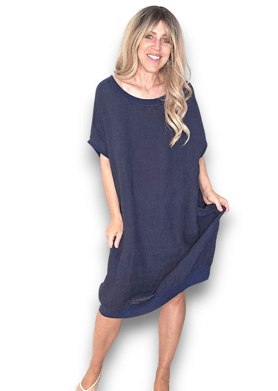 Navy Plain Elastic Hem Dress