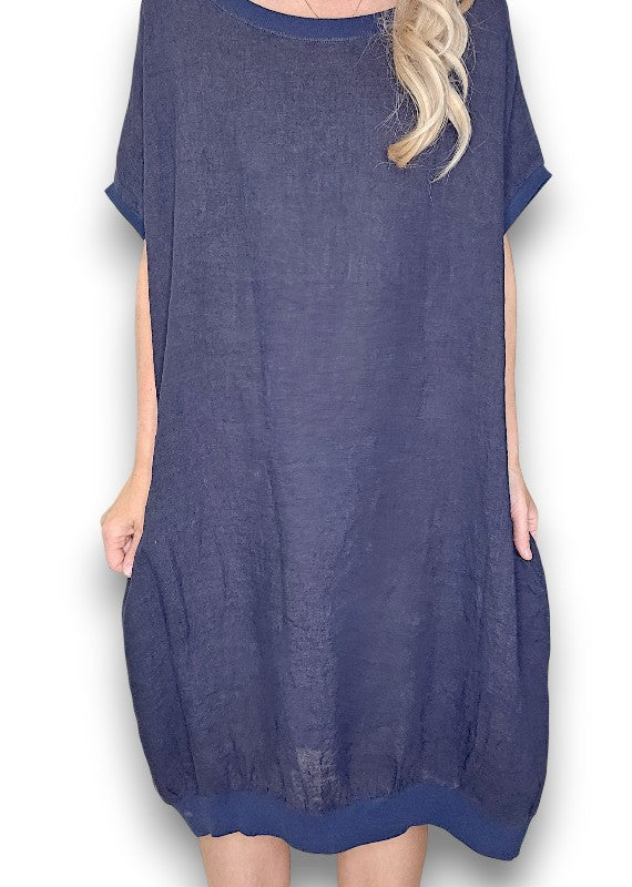 Navy Plain Elastic Hem Dress
