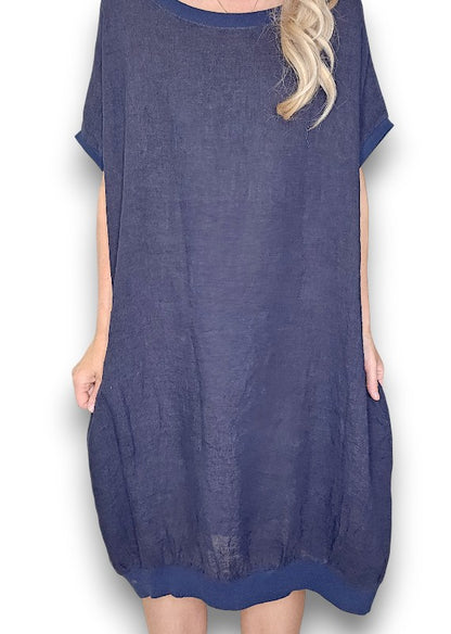Navy Plain Elastic Hem Dress