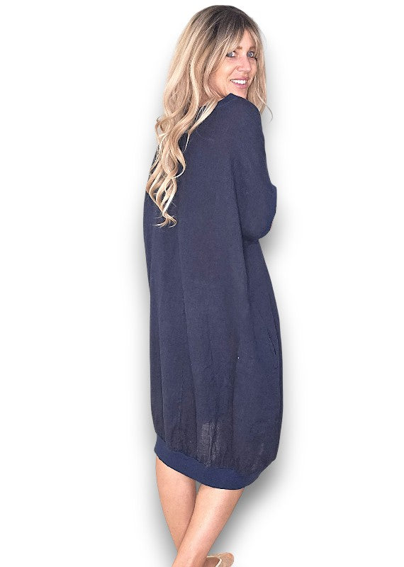 Navy Plain Elastic Hem Dress