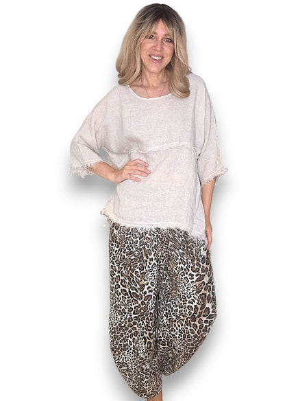 Beige Leopard Barrel Linen Pants