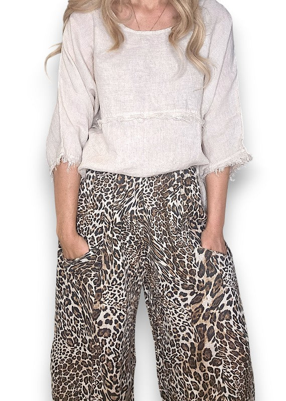 Beige Leopard Barrel Linen Pants