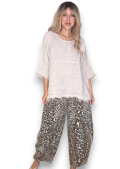 Beige Leopard Barrel Linen Pants