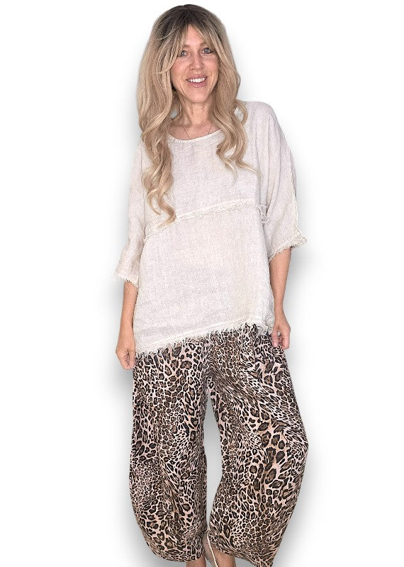 Pink Leopard Barrel Linen Pants