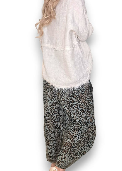 Sage Leopard Barrel Linen Pants