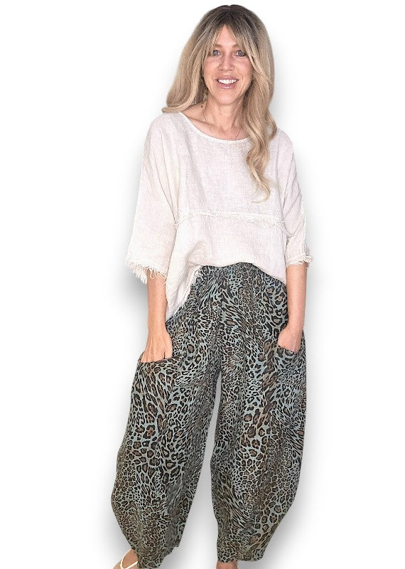 Sage Leopard Barrel Linen Pants