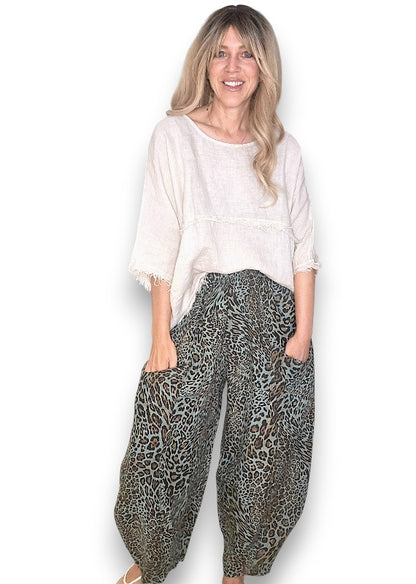 Sage Leopard Barrel Linen Pants